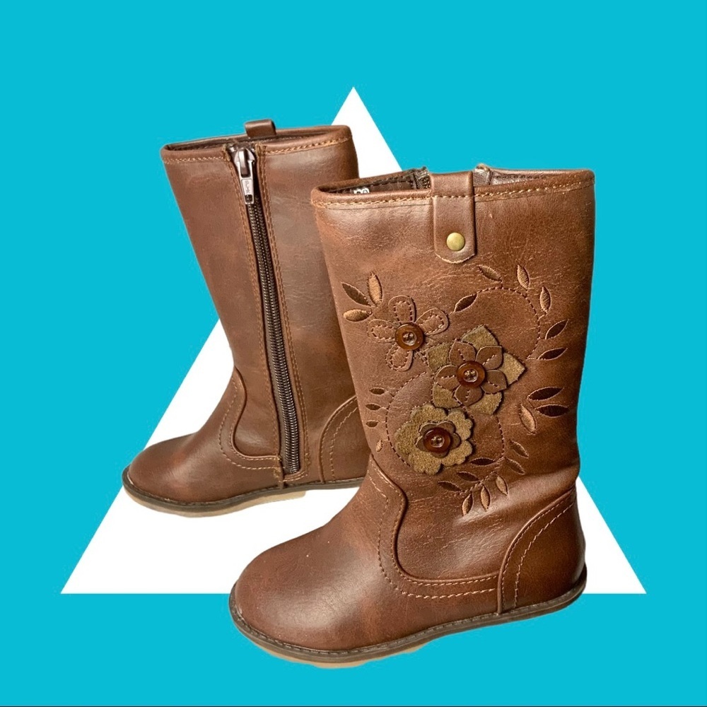 Brown Zip Cowgirl Riding Boots w 3D Layered Flowers & Buttons Toddler Girls 6